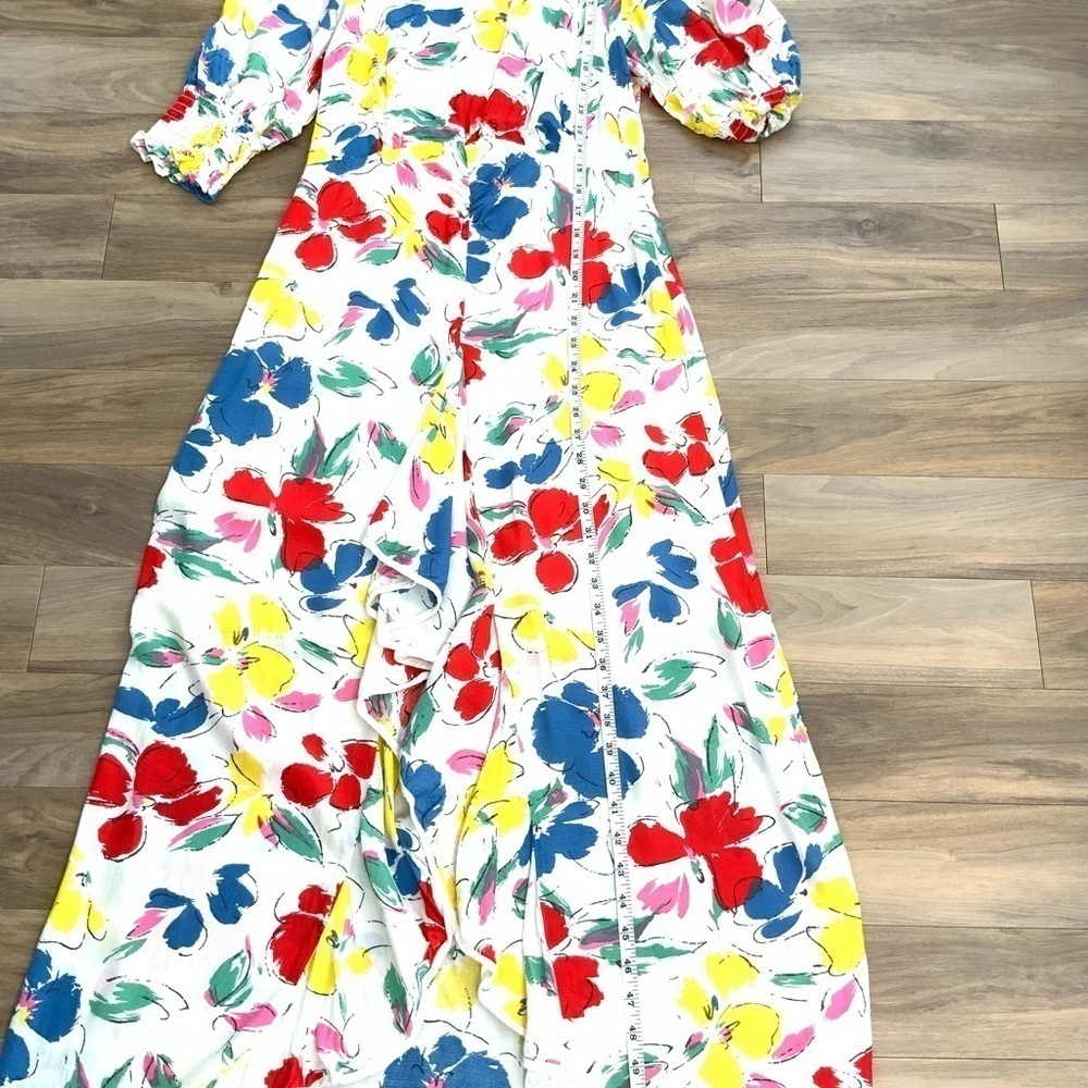 RIXO Floral Maxi Dress Mock Neck Cascade Ruffle Split - Picture 9 of 12